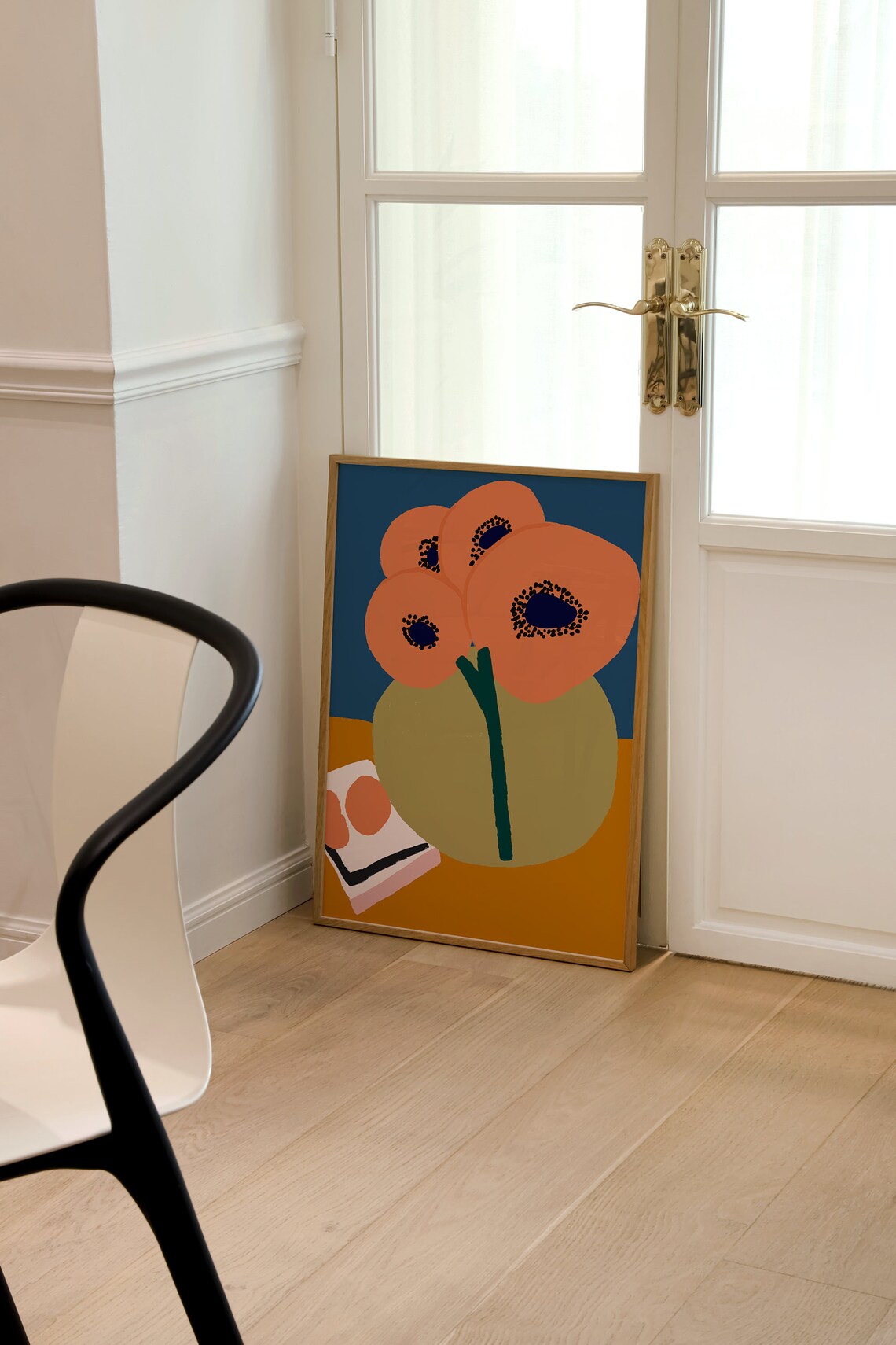 Bold Coral Poppy Abstract Flowers On Blue Decorative Art Poster - Image 3