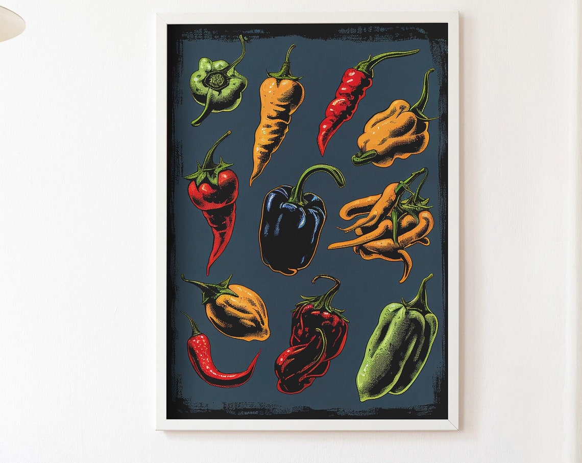 Twelve Pepper Varieties Vintage Engraving Chart Style Poster
