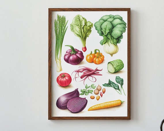 Vegetable Medley Vintage Style Sketch Artwork Print At Home Wall Art Wall Art Print Instant Art