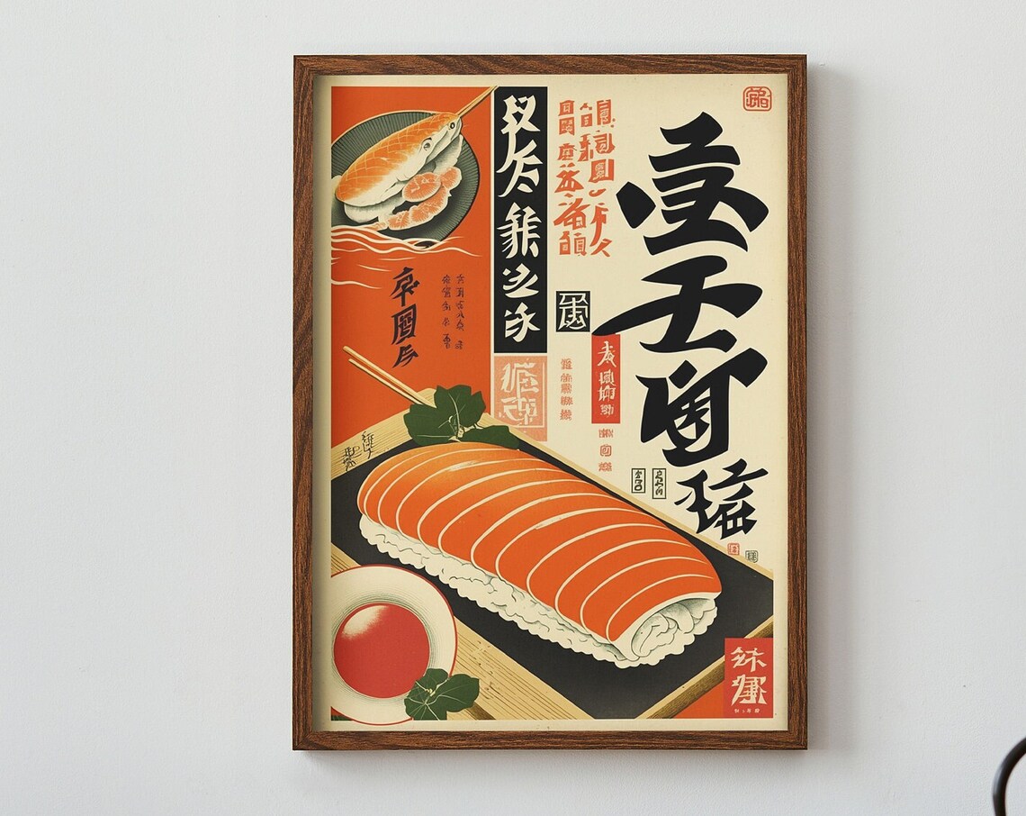 Vintage Japanese Salmon Sushi With Bold Kanji Retro Food Art Poster