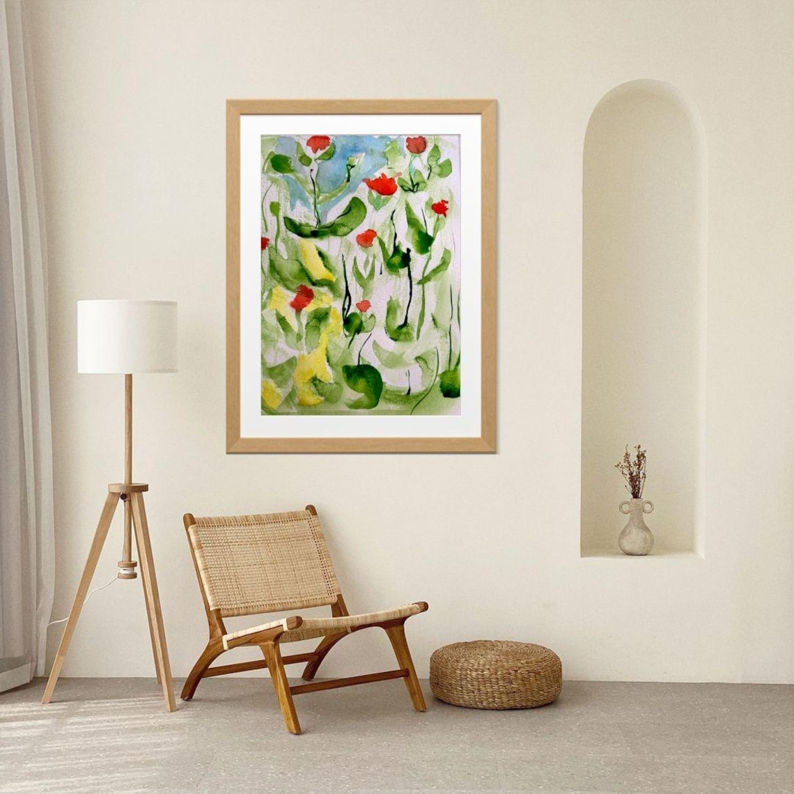 Loose Watercolor Red Yellow Wildflowers Green Stems Floral Print