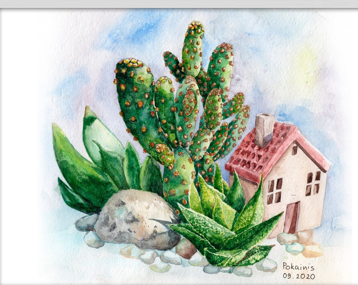 Prickly Pear Cactus Succulents Tiny Red House Watercolor Poster