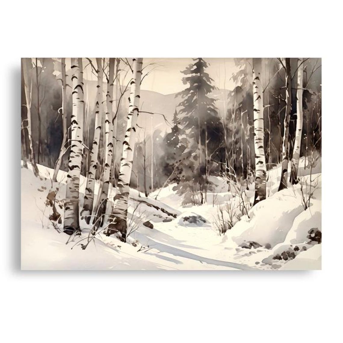 Snowy Birch Forest Winter Snowfall Trees Black White Art Poster - Image 5