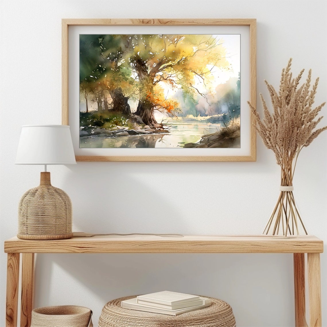 Golden Light Through Riverside Tree Calm Watercolor Art Poster - Image 4
