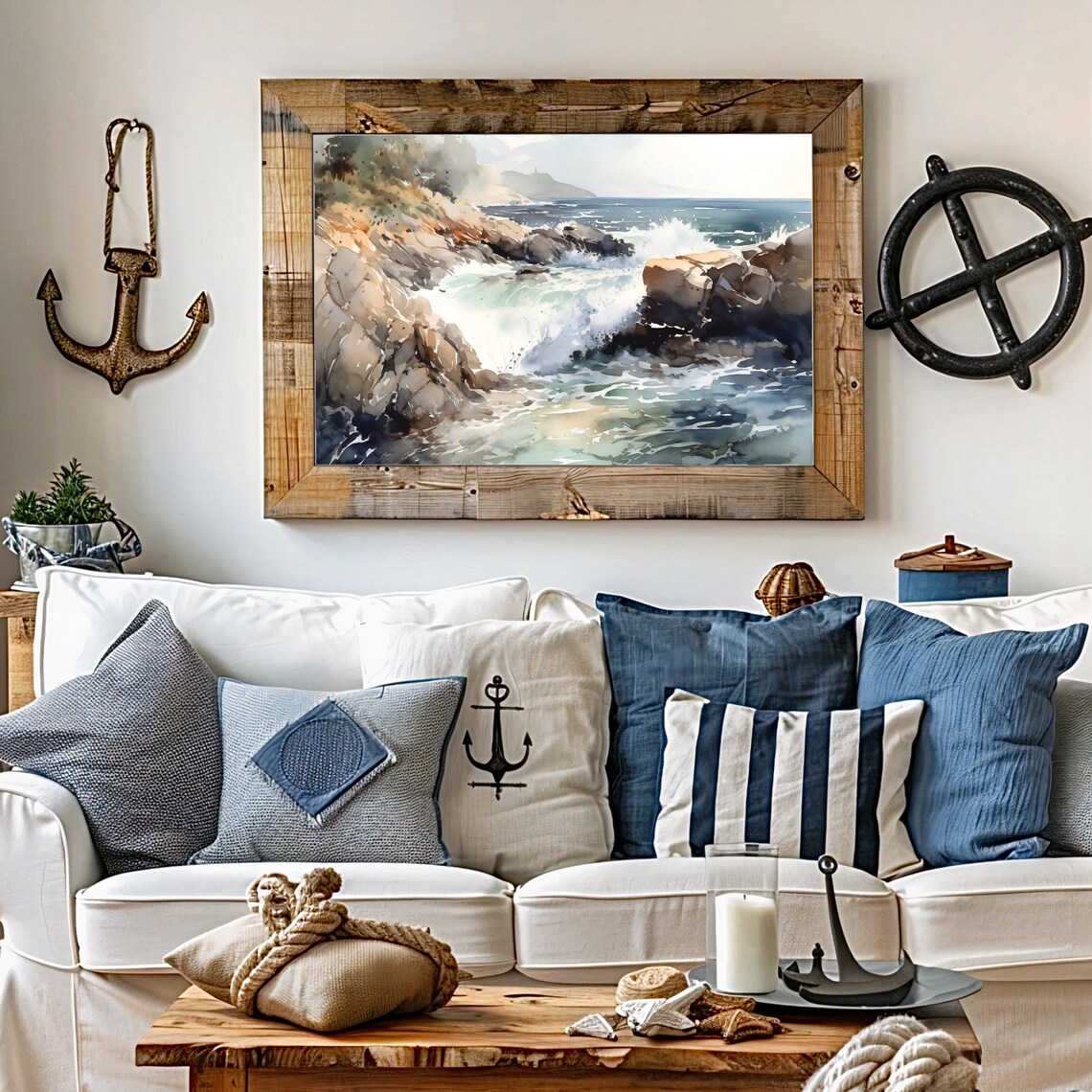 Rocky Shoreline Crashing Waves Ocean Watercolor Seascape Poster - Image 2