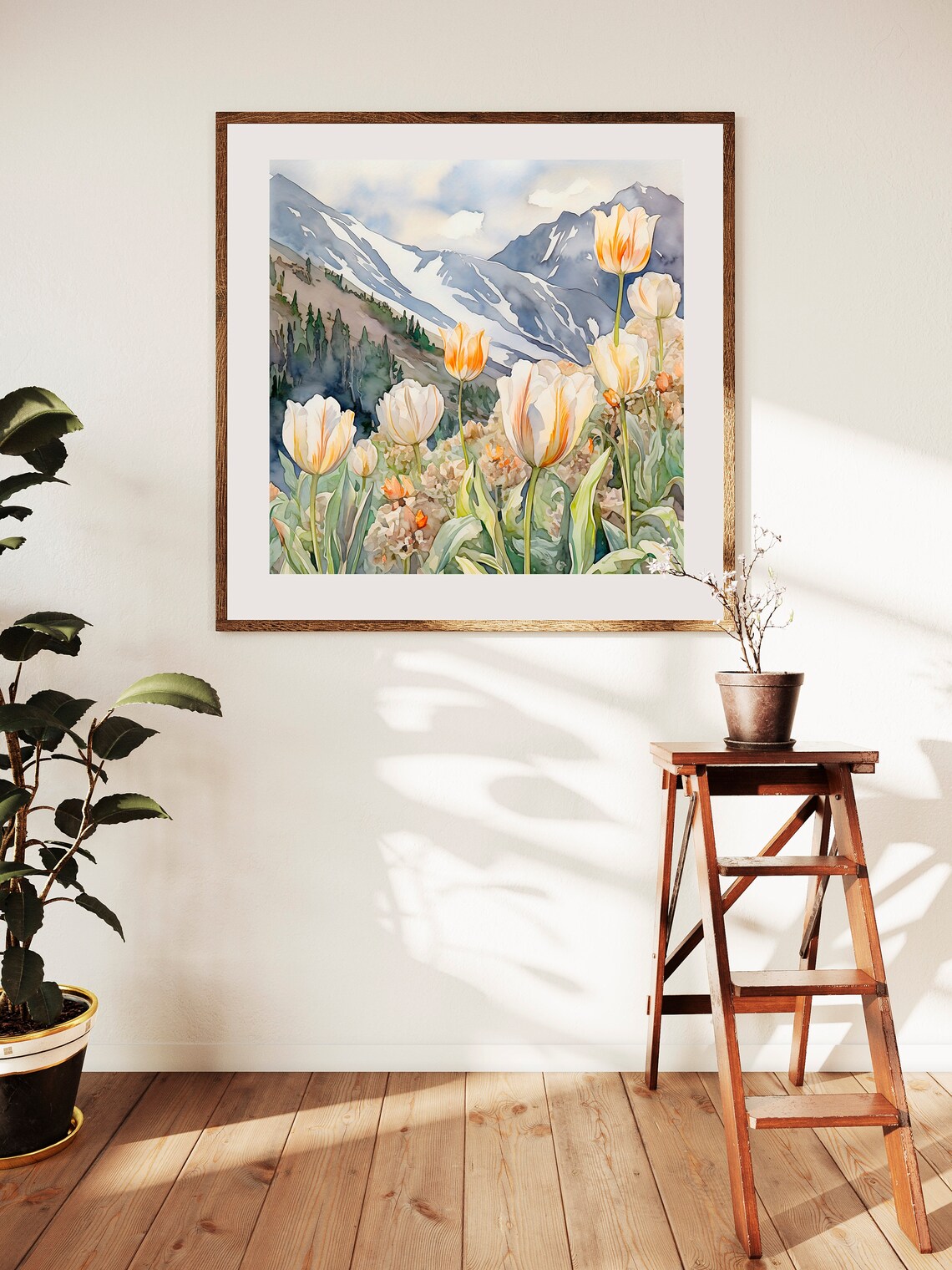 White Tulips Orange Blossoms Snowy Mountains Watercolor Wall Art - Image 4