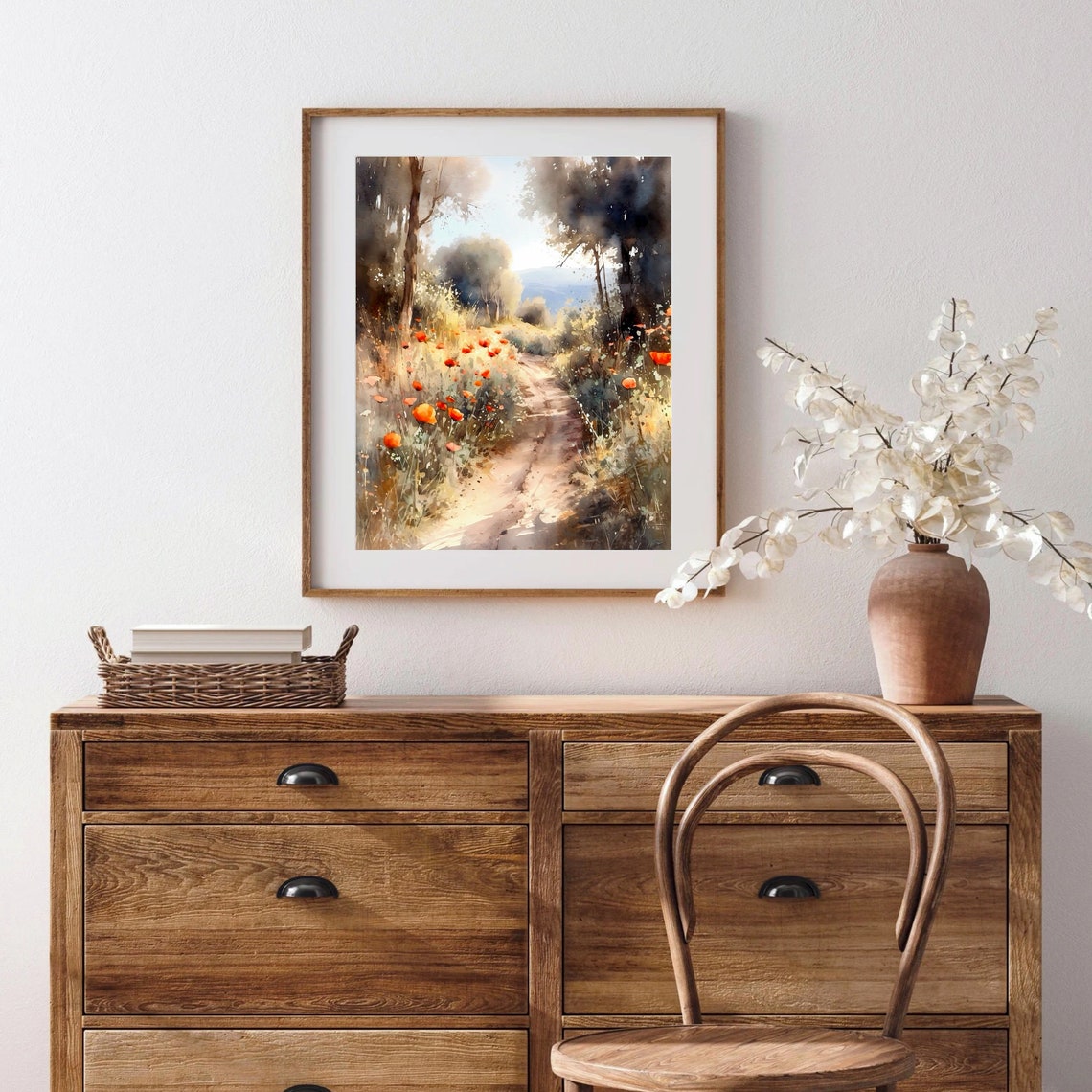 Poppy Field Path Through Woods Watercolor Nature Art Scene Poster - Image 3