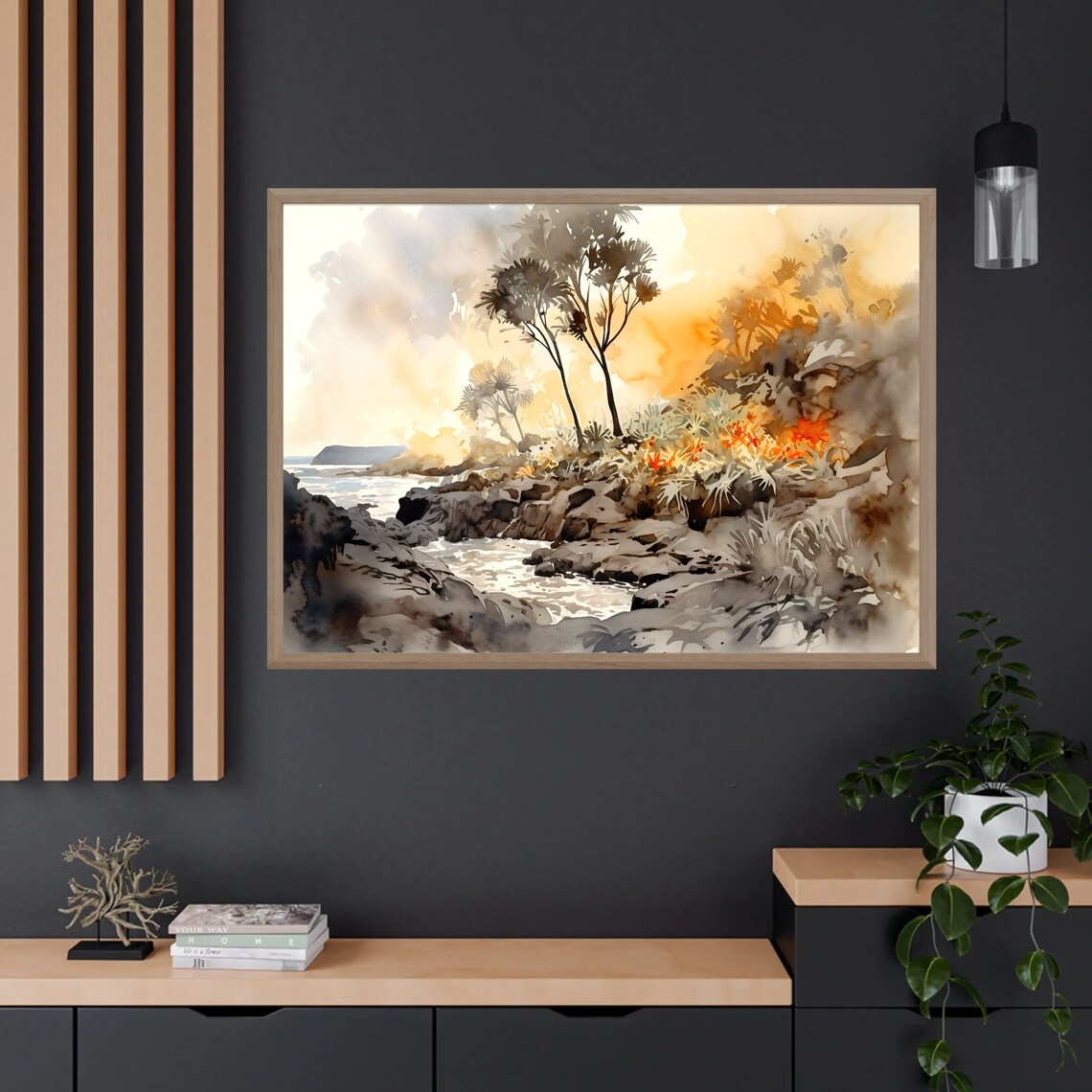 Hawaii Volcanoes Rocky Coast Palm Trees Orange Flowers Poster - Image 4