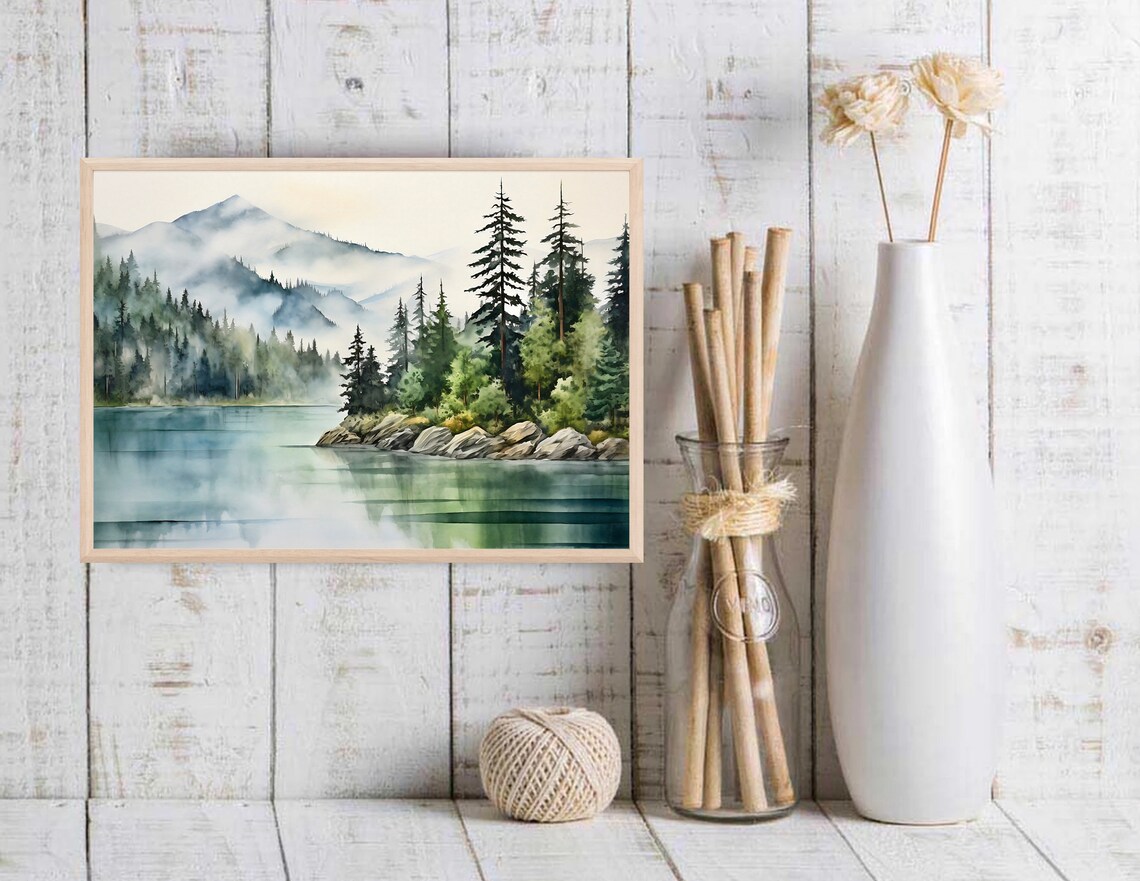 Mountain Lake Watercolor Pine Tree Wall Art Print - Image 2