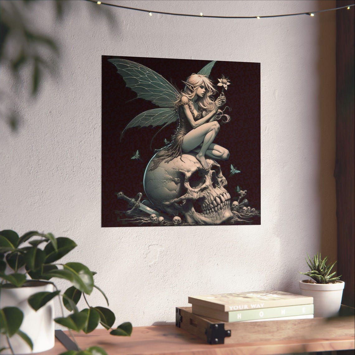Gothic Fairy Sitting on a Skull in Dark Monochrome Art Poster - Image 4