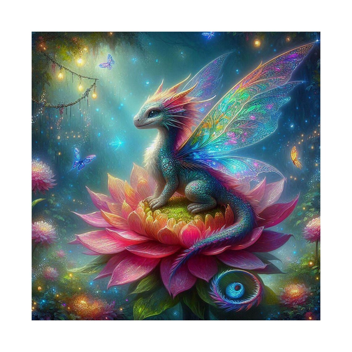 Baby Fairy Dragon Perched on a Pink Lotus Flower Bloom Poster - Image 6