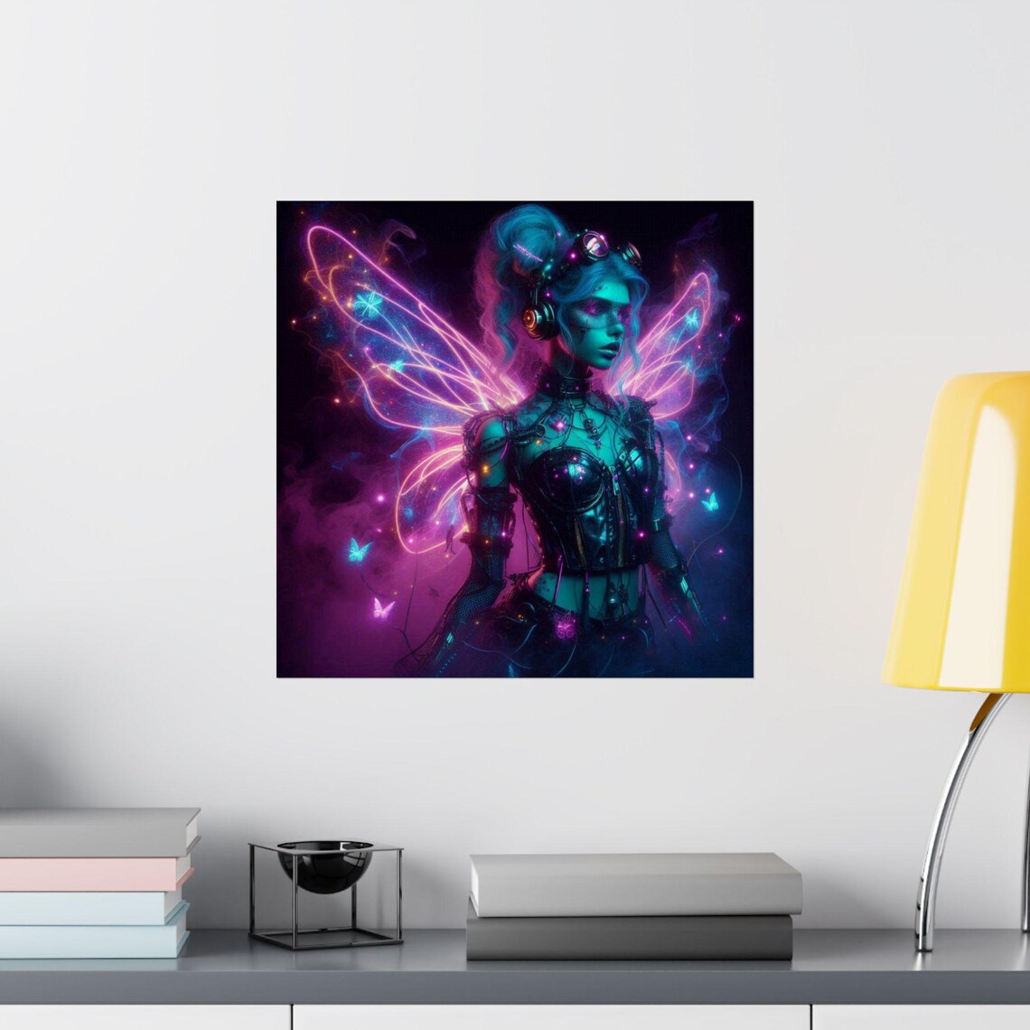 Cyberpunk Neon Fairy with Glowing Magenta Wings Fantasy Art Poster - Image 2