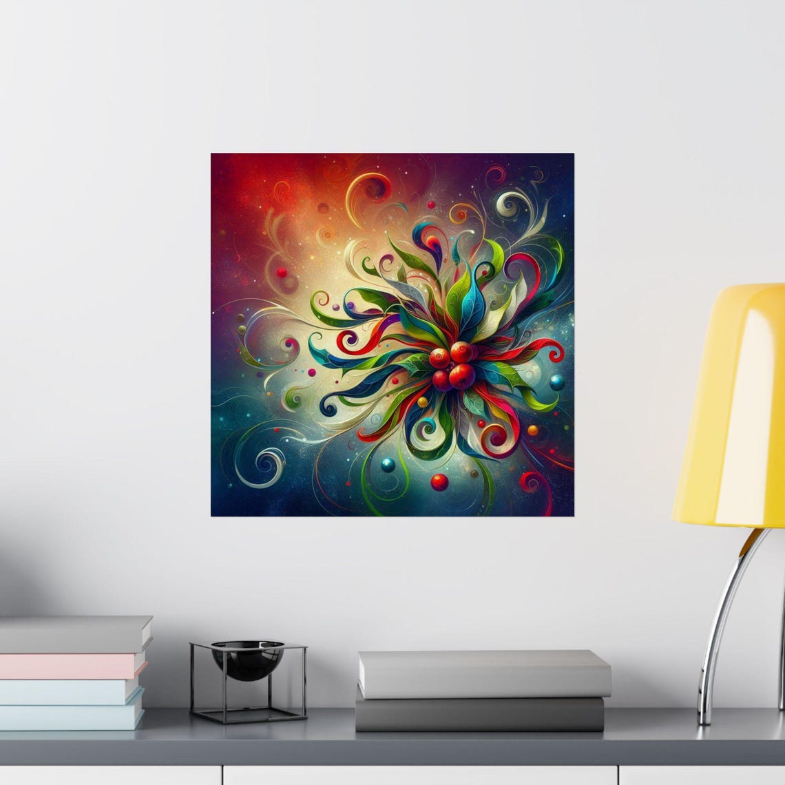 Colorful Floral Swirl with Red Berries Festive Abstract Poster - Image 3