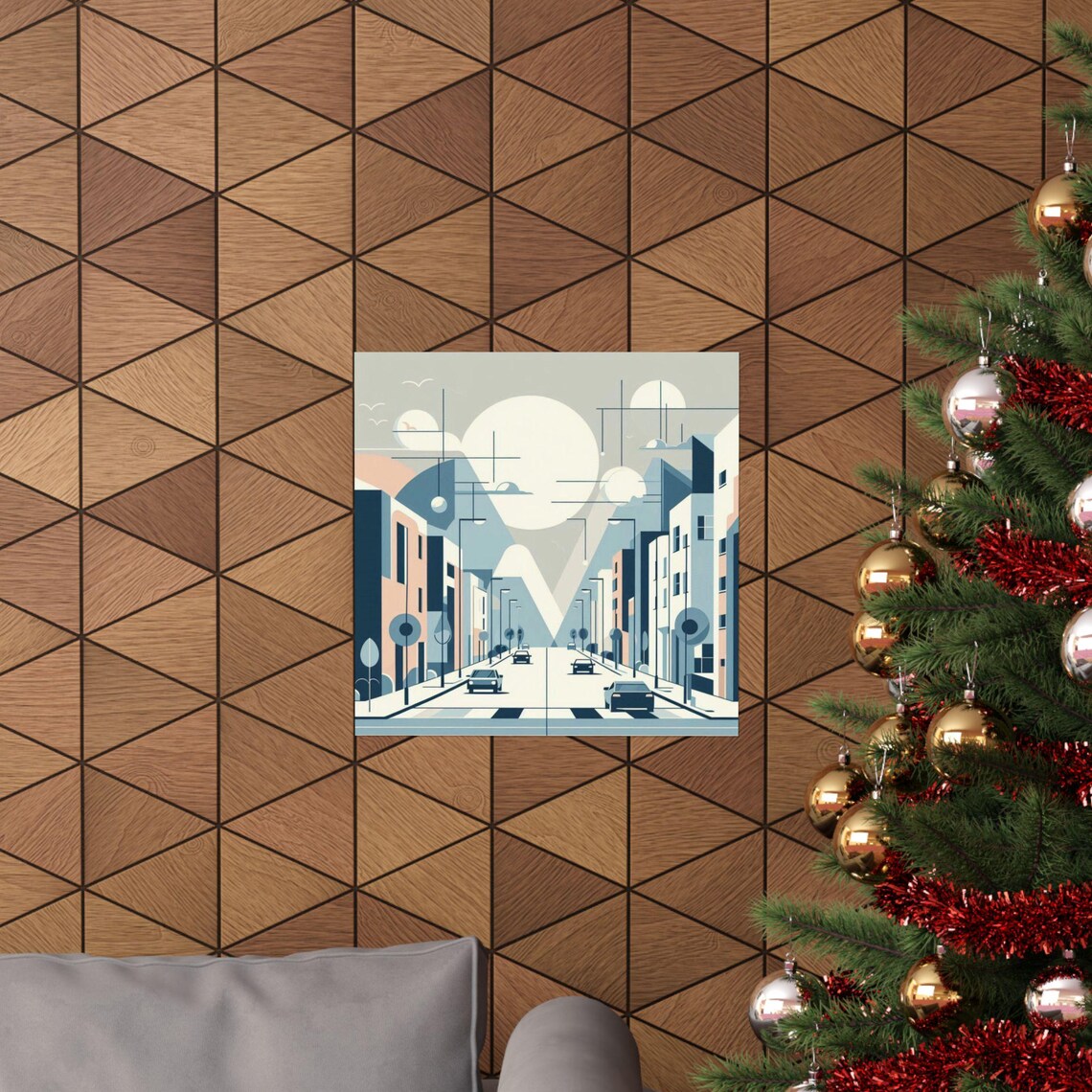 Geometric Minimalist City Street with Cars Pastel Blue Poster - Image 5