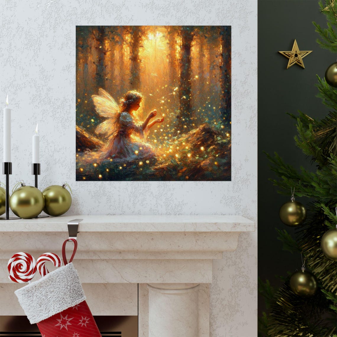 Fairy in Sunlit Forest Clearing with Fireflies Fantasy Art Poster - Image 3
