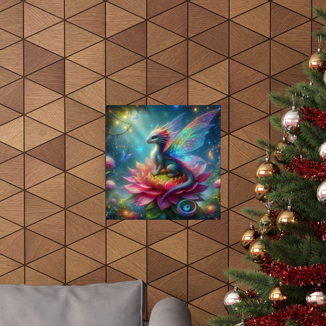 Baby Fairy Dragon Perched on a Pink Lotus Flower Bloom Poster - Image 5