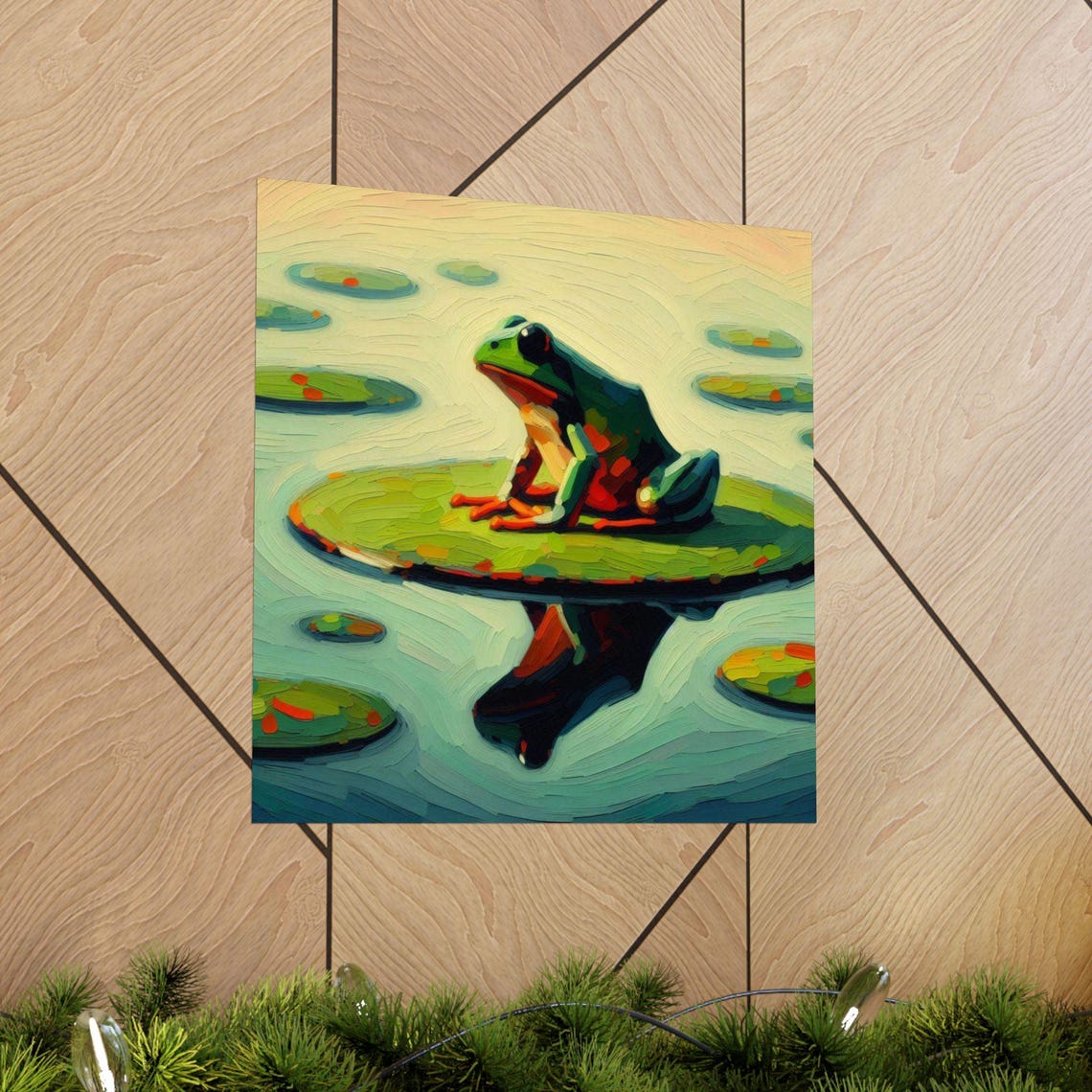 Serene Green Frog Resting on a Lily Pad in a Quiet Pond Poster