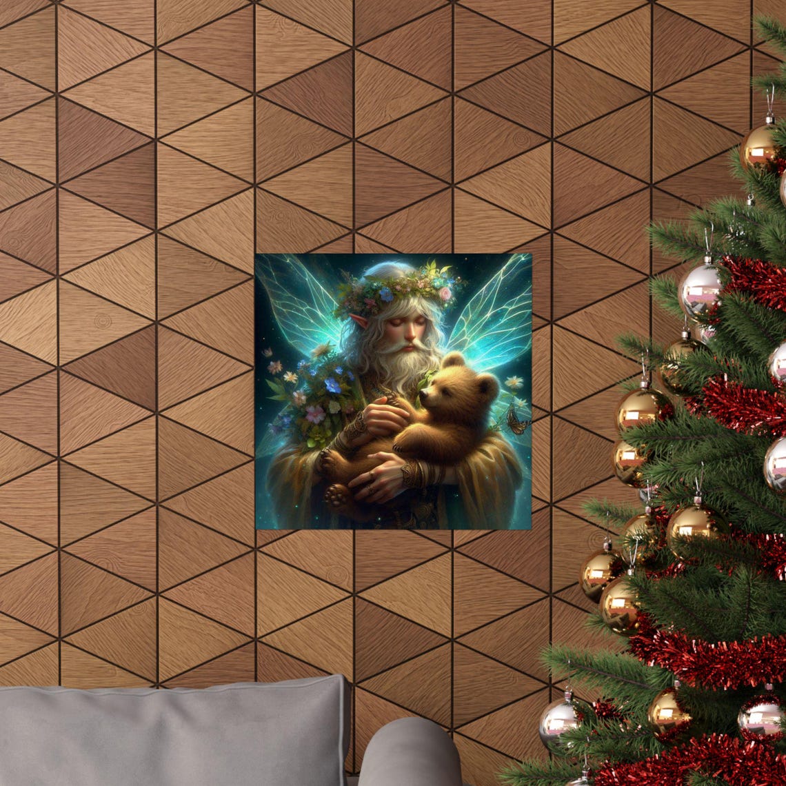 Elder Elf Fairy Guardian Holding a Bear Cub Forest Magic Poster - Image 5