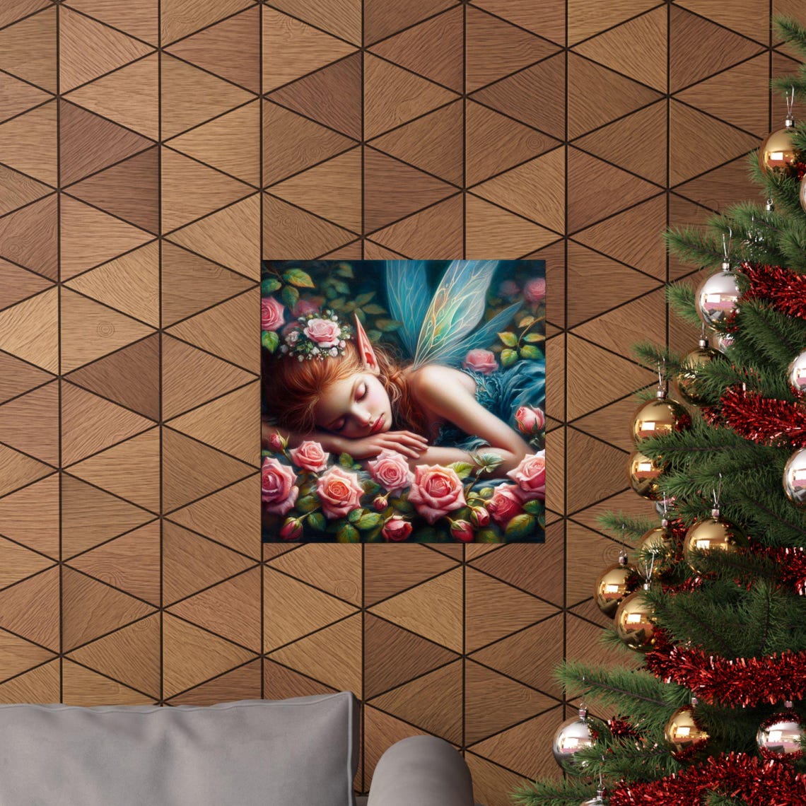 Sleeping Fairy with Blue Wings among Pink Roses Fantasy Art Poster - Image 6
