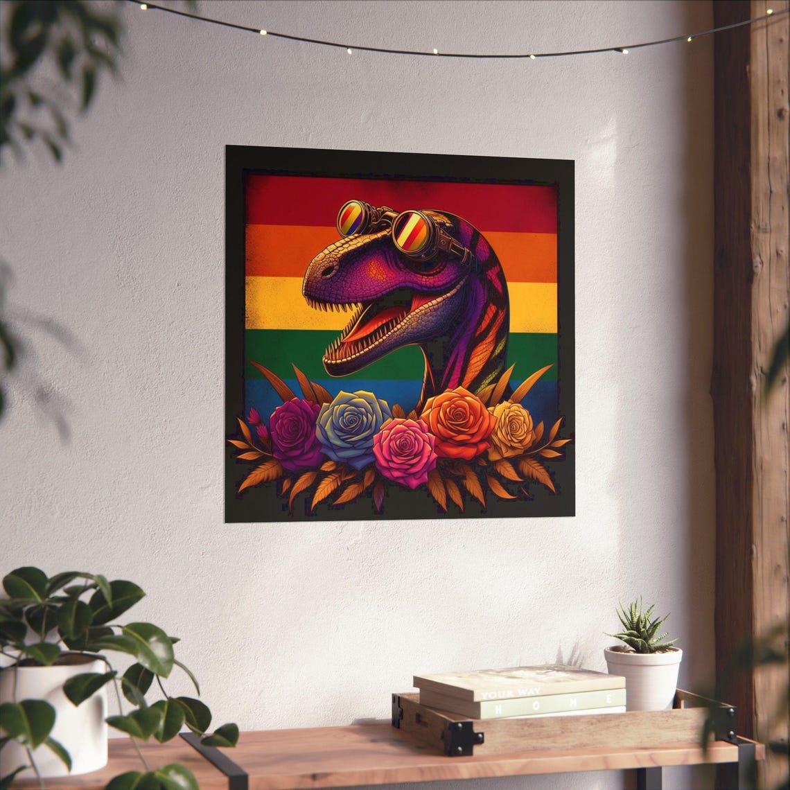 Psychedelic Rainbow Raptor Dinosaur with Goggles and Roses Poster - Image 4