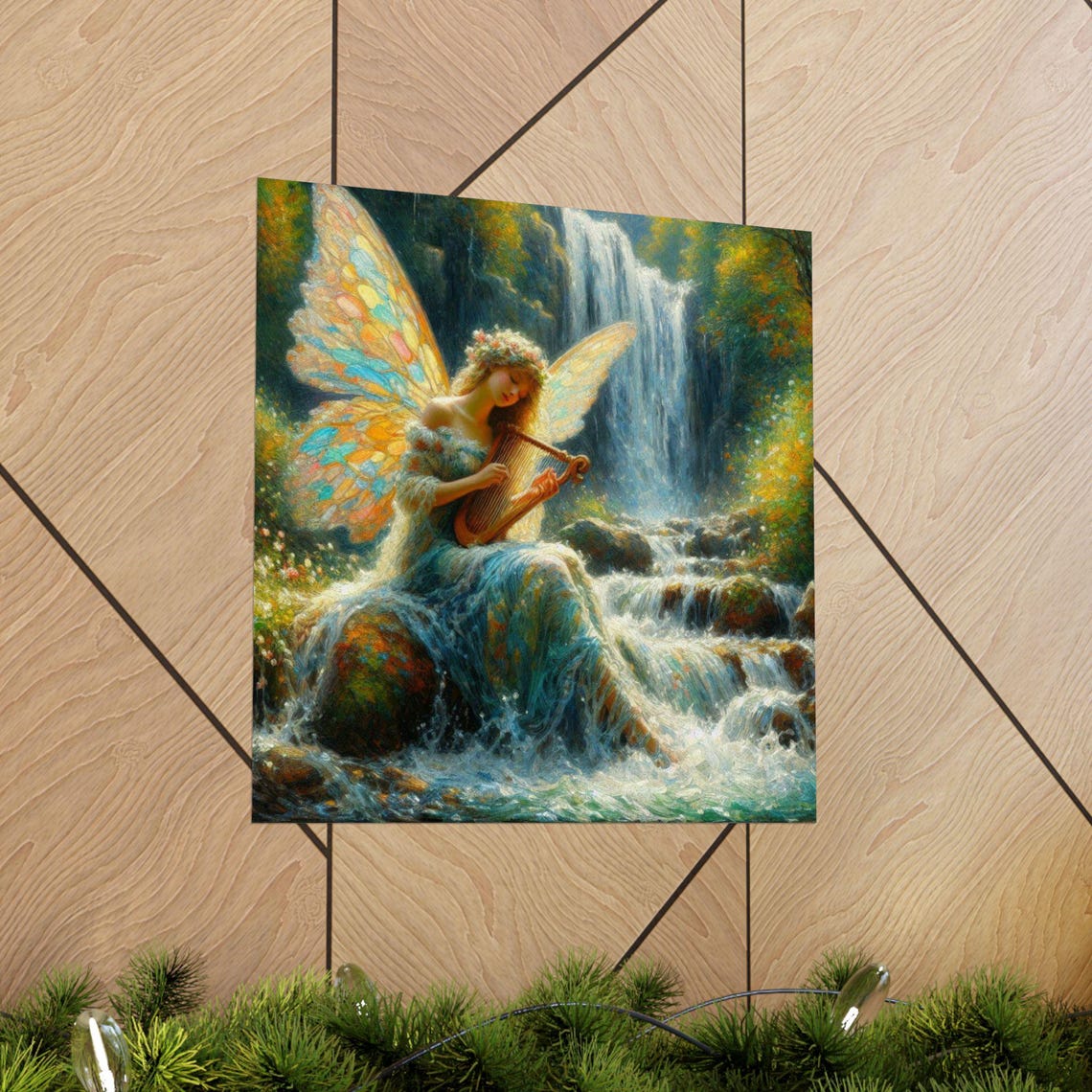 Fairy Playing Golden Harp by Waterfall in Forest Fantasy Art Poster - Image 5