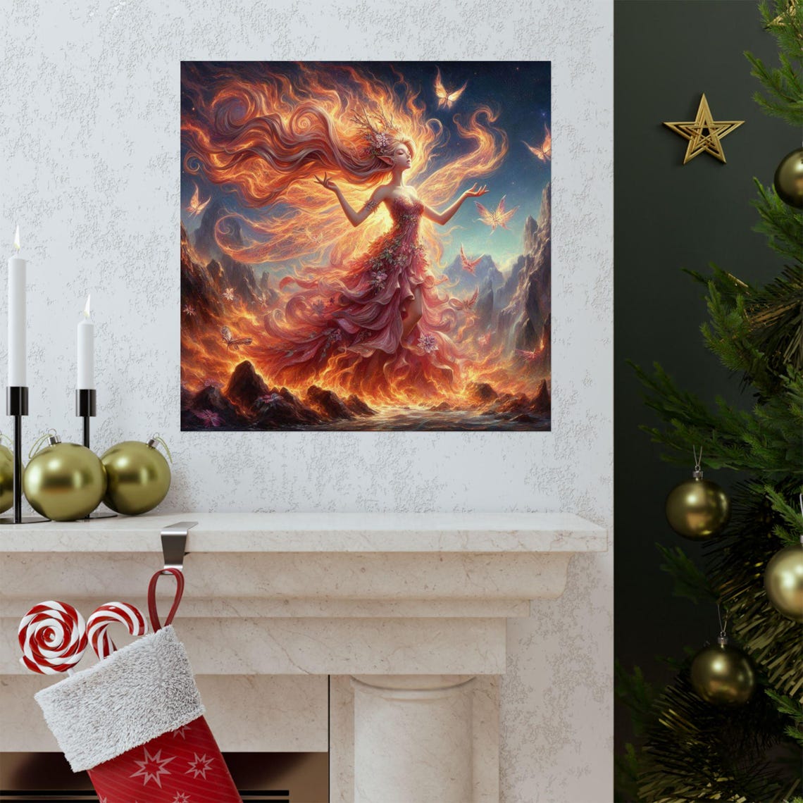 Fire Fairy Dancing amid Swirling Flames Dramatic Fantasy Art Poster - Image 3