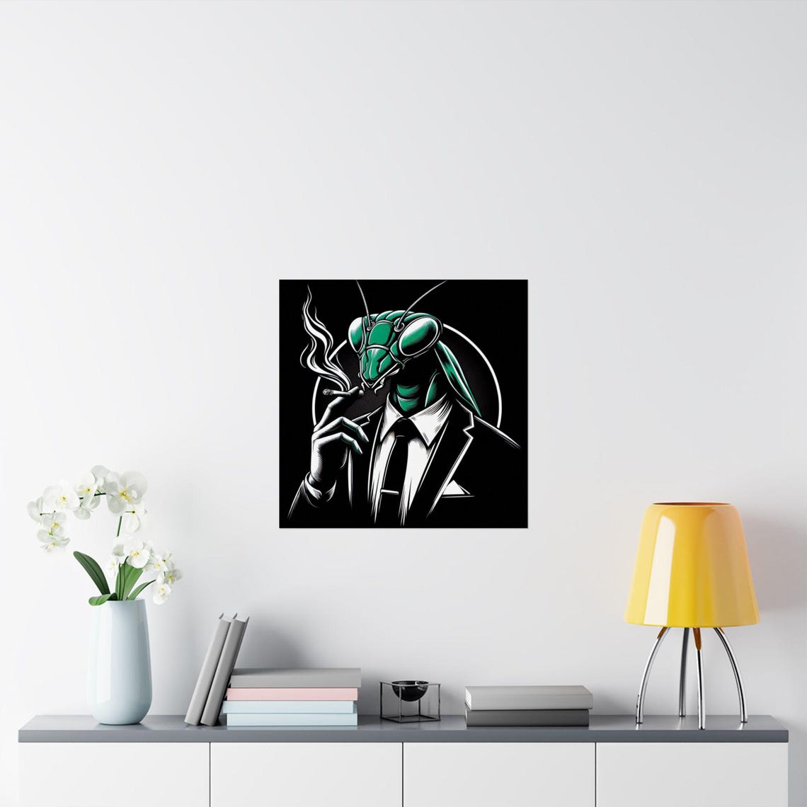 Suave Praying Mantis in a Suit Smoking Cigarette Noir Art Poster - Image 2