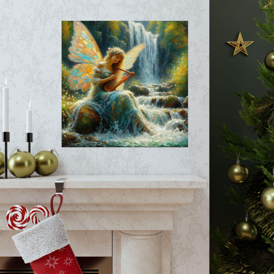 Fairy Playing Golden Harp by Waterfall in Forest Fantasy Art Poster - Image 3