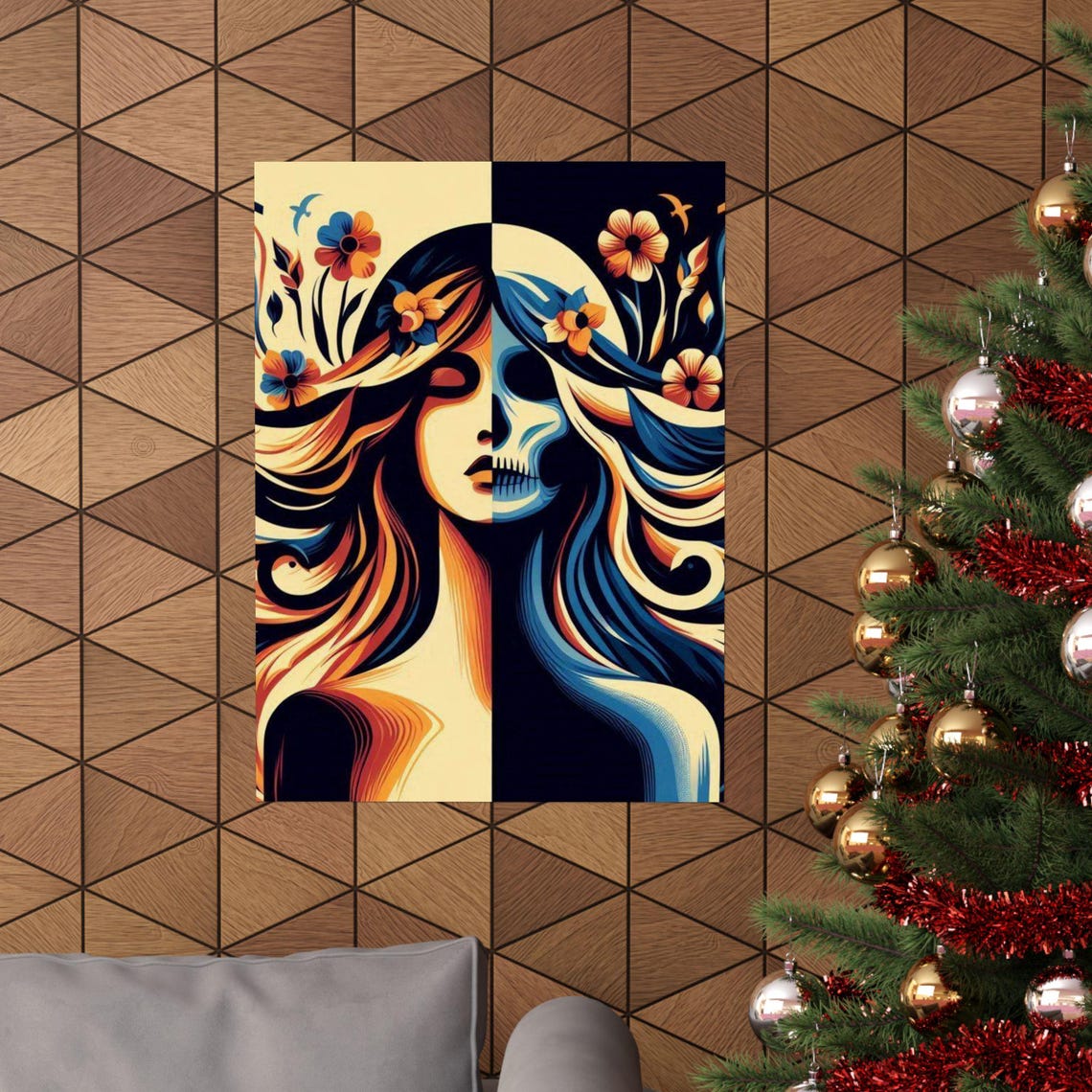 Elegant Woman and Floral Skull Split Face Bohemian Art Poster - Image 4