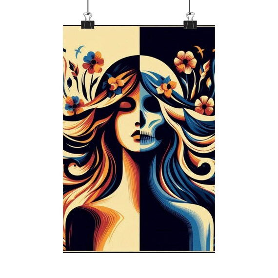 Elegant Woman and Floral Skull Split Face Bohemian Art Poster