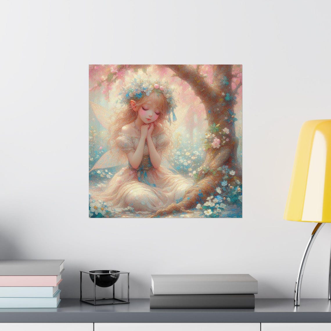 Pastel Fairy Girl Resting under Blossom Tree Spring Art Poster - Image 2