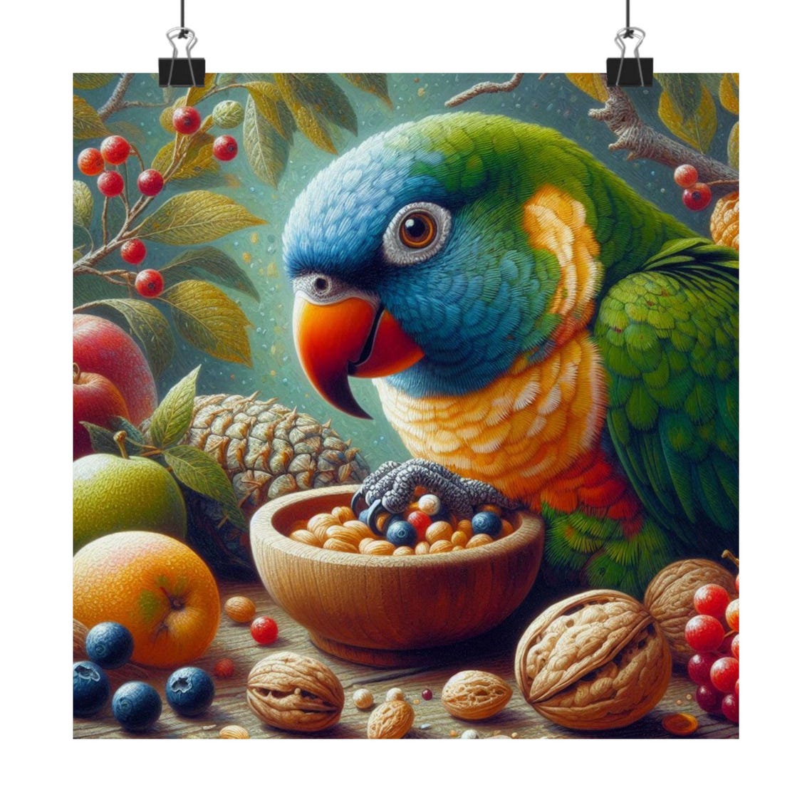 Colorful Parrot Eating Fruit from Bowl Whimsical Bird Art Poster