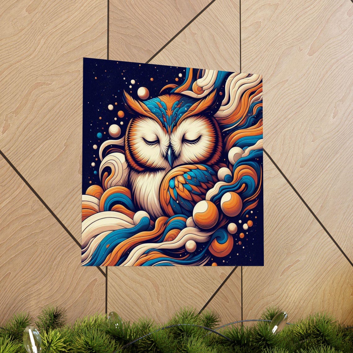 Sleeping Owl Wrapped in Dreamy Orange and Teal Swirls Poster - Image 5