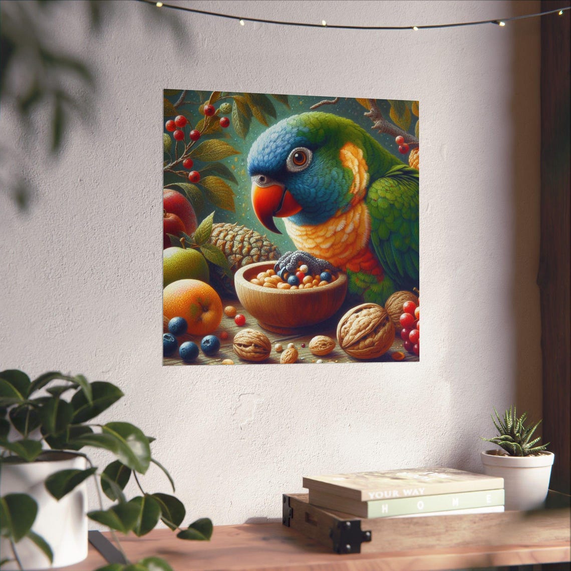 Colorful Parrot Eating Fruit from Bowl Whimsical Bird Art Poster - Image 4