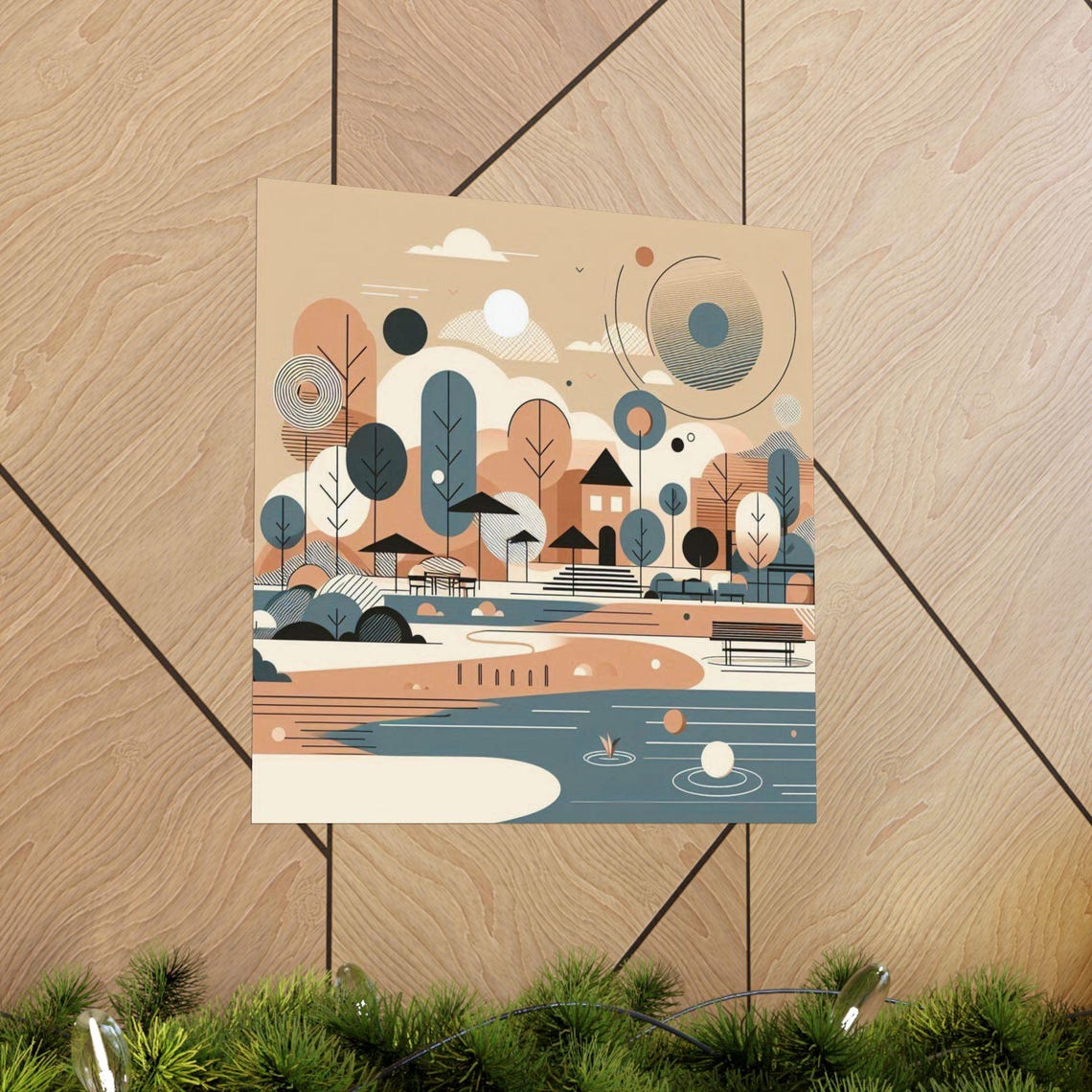 Geometric Abstract Park by the Lake in Warm Earth Tones Poster