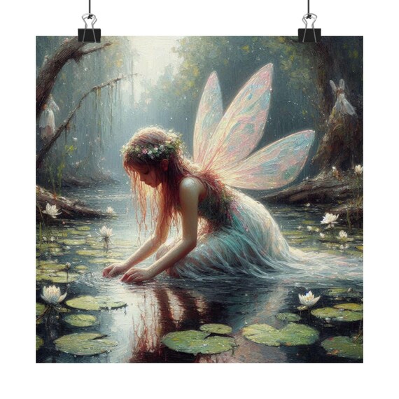Fairy Kneeling by Lily Pond with Water Reflection Fantasy Poster