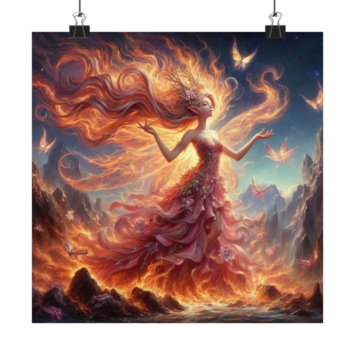 Fire Fairy Dancing amid Swirling Flames Dramatic Fantasy Art Poster