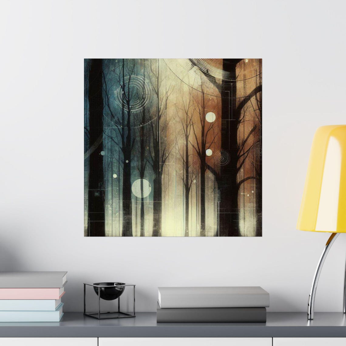 Dark Forest Abstract Art Poster with Glowing Moonlit Circles - Image 2