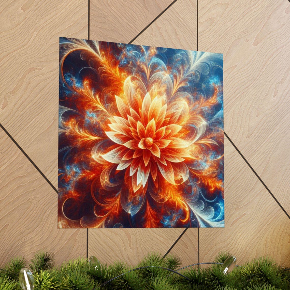 Fractal Fire Bloom Flower Abstract Poster in Orange and Blue Hues - Image 3