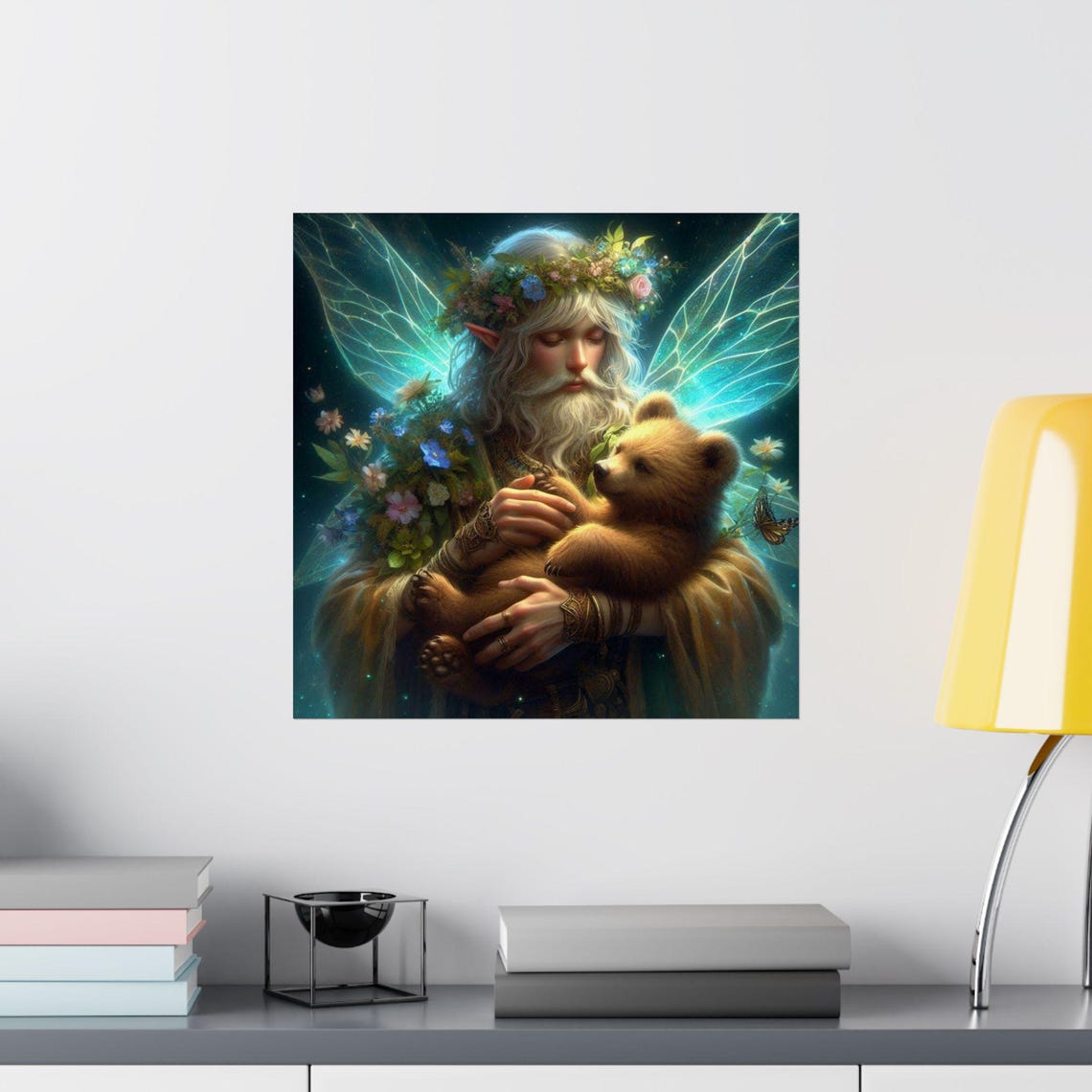 Elder Elf Fairy Guardian Holding a Bear Cub Forest Magic Poster - Image 2