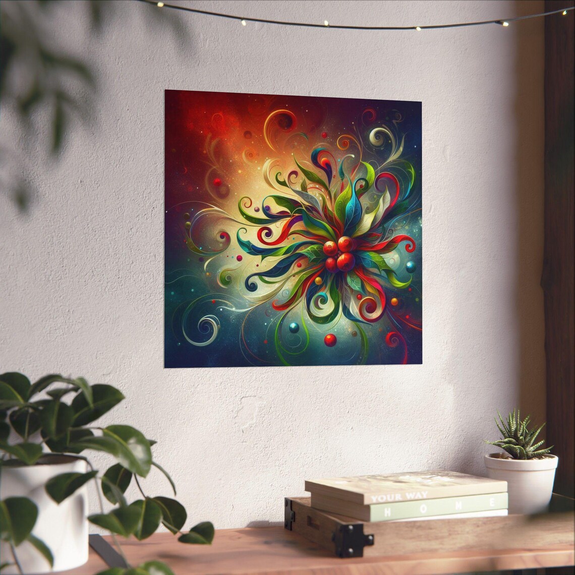 Colorful Floral Swirl with Red Berries Festive Abstract Poster