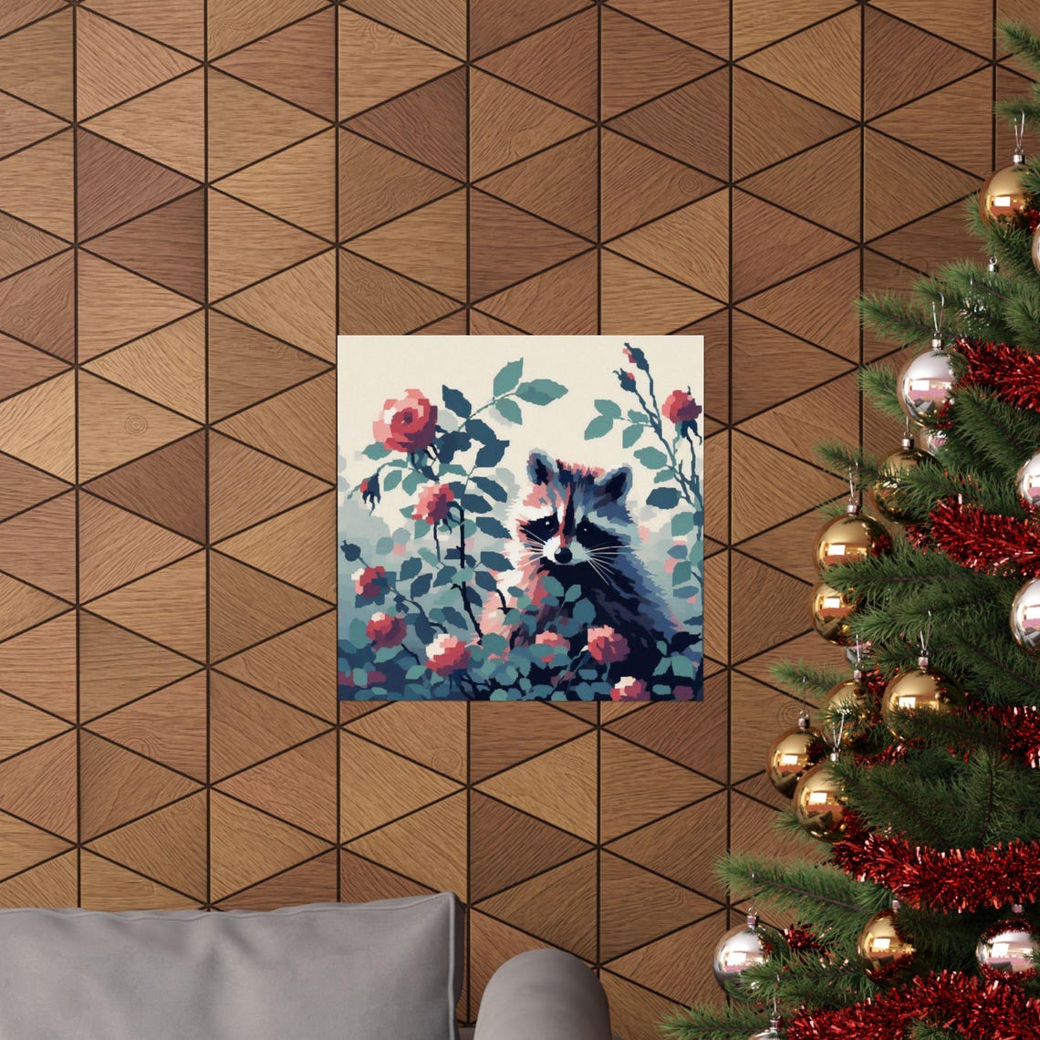 Curious Raccoon Peeking Through Red Rose Blooms Botanical Poster - Image 5