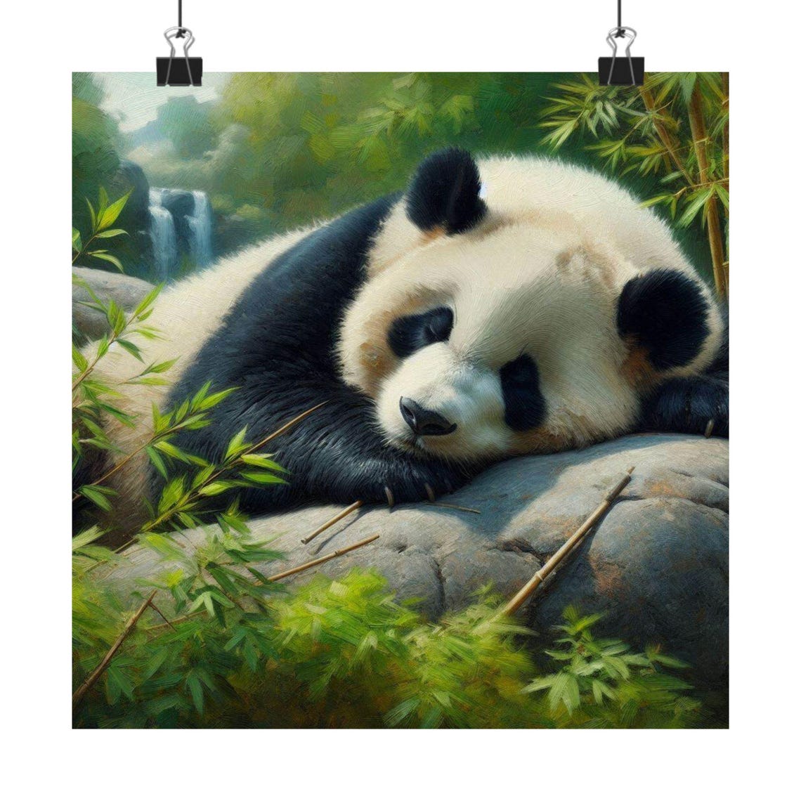 Sleeping Panda Resting on Rock with Bamboo Cute Animal Art Poster