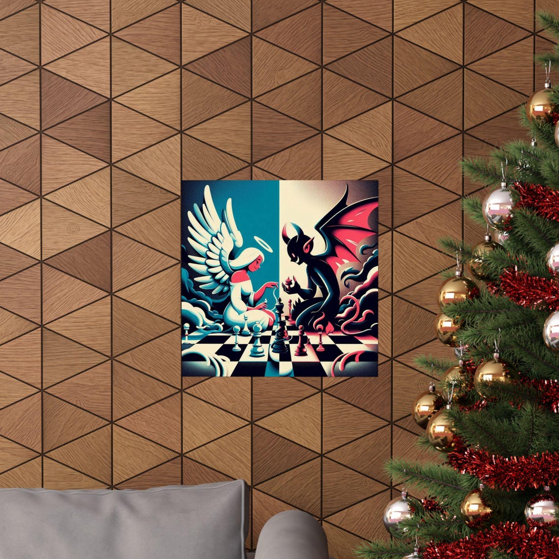 White Angel Versus Dark Demon Playing Chess Retro Art Poster - Image 6