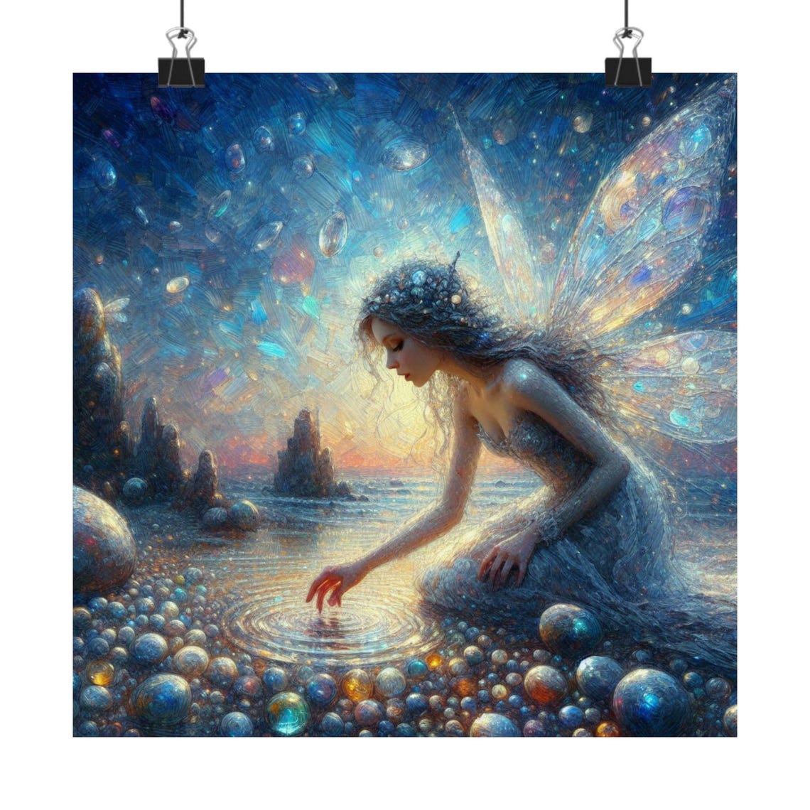 Fairy Touching Water Ripples on Pebble Shore at Dusk Art Poster