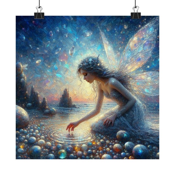 Fairy Touching Water Ripples on Pebble Shore at Dusk Art Poster
