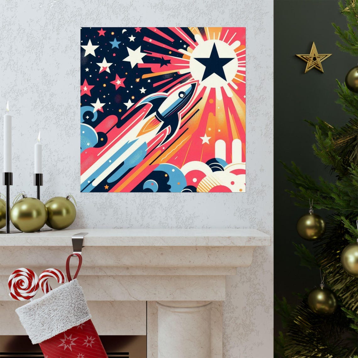 Vintage Retro Rocket Launching Toward a Big Star Pop Art Poster - Image 3