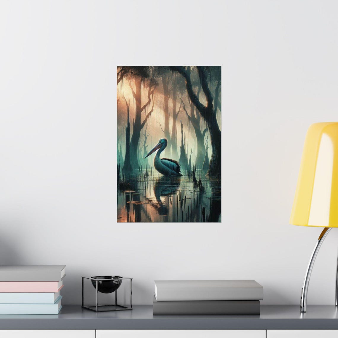 Serene Pelican Resting in a Misty Cypress Swamp at Dawn Poster - Image 2