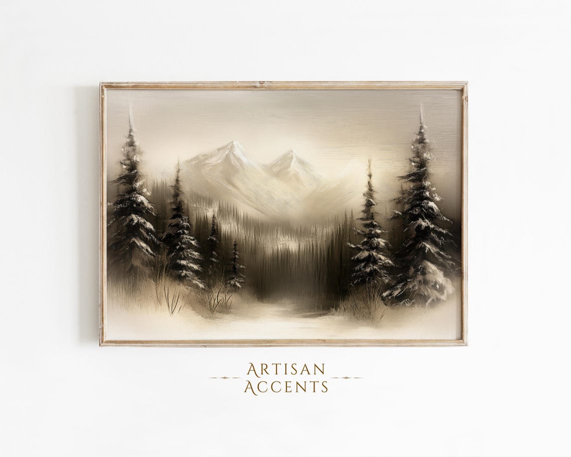 Misty Mountain Sepia Winter Forest Vintage Oil Painting Art Print
