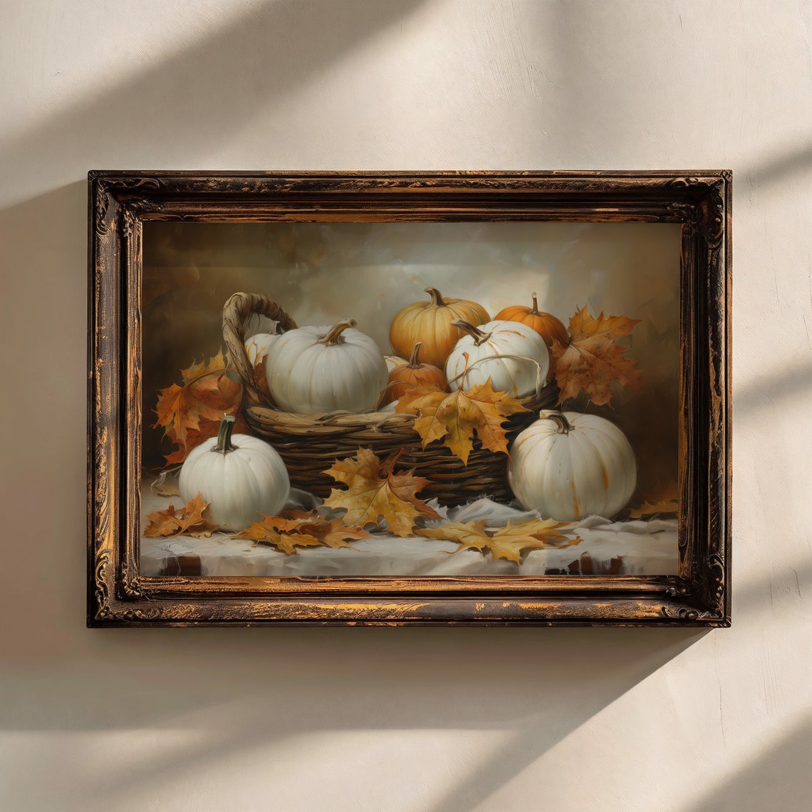 White Pumpkins Harvest Basket Autumn Leaves Rustic Fall Art Print - Image 3